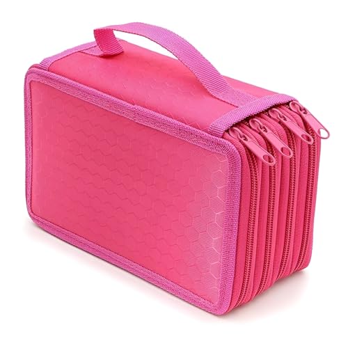 Estojo Escolar Grande 72 Lápis Multiuso | 4 Compartimentos Organizador em Nylon Oxford para Lápis de Cor, Canetas, Maquiagem e Materiais de Arte (Rosa Choque)