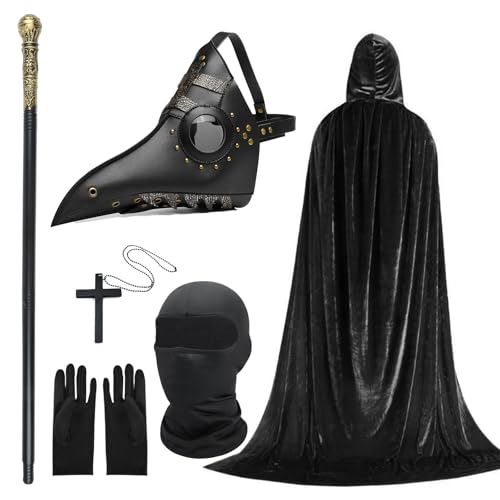6PCS Plague Doctor Costume Set Plague Bird Doctor Mask PU Leather Long Nose Bird Beak Steampunk Mask with Black Gloves Hooded Cloak Full Face Covering Cane Necklace for Halloween Costume Cosplay