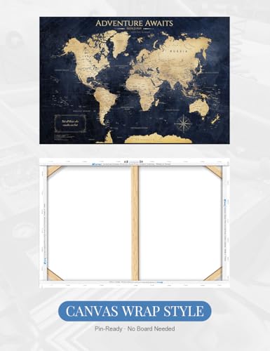 Image of IPIC - Canvas World Maps for Wall Decor, Push Pin Board Decor to Mark Travels, Oversize World Travel Map Print for Home, Office, Study, and RV, Ready to Hang