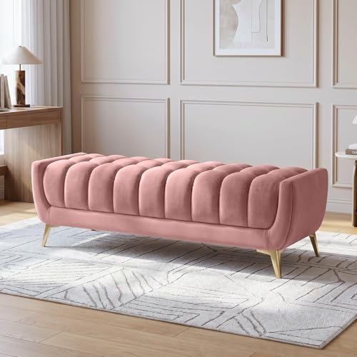 Image of Wooden 2 Seater Upholstered Bench Sofa | Hushkin Fabric Ottoman Bench & Footrest Stool | Modern Settee for Living Room, Bedroom & Office Entryway (Peach)