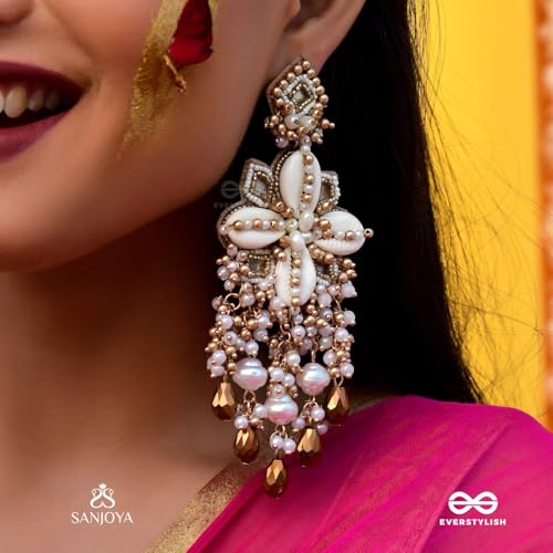 Image of SANJOYA by EVERSTYLISH Hand-Embroidered Statement Earrings for Women | Festive Ethnic Wear | Shell, Bead & Glass Drop Detailing | Lightweight, Gold-Toned Danglers for Weddings, Parties & Gifting