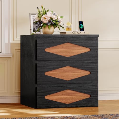 UPOSOJA Morden Nightstand with Quick Assembly 3 Drawers,Charging Station,24' Tall Side Table,End...