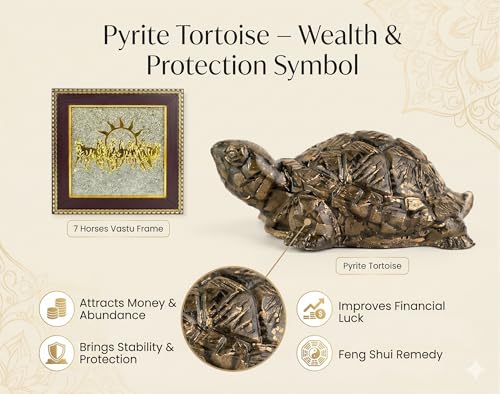Image of 7 Horses on Raw Pyrite Frame & Pyrite Tortoise (Kachhua) Combo | Vastu Feng Shui Wealth, Money, Good Luck Decor for Home Office Gift