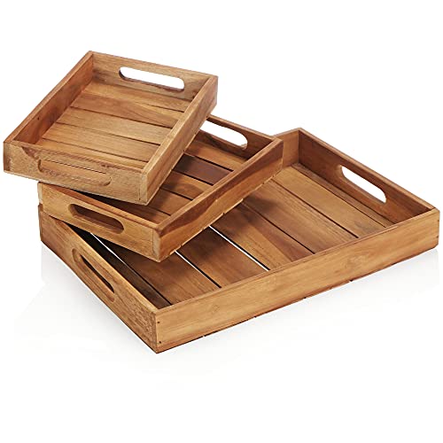 COM-FOUR® Juego de 3 bandejas de Madera de Teca - Bandeja de Madera en 2 tamaños - Bandeja de...