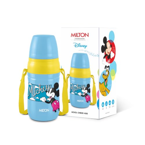 Image of MILTON Disney Kool Cheer 400 Plastic Insulated Thermo Water Bottle with Straw for School Kids I Food Grade, Leak Proof Lid with Hands free sipper, Easy to Carry Loop, Picnic, BPA Free, 390 ml,Sky Blue