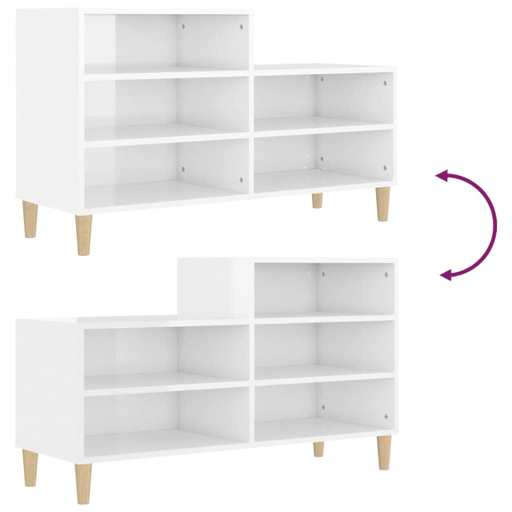 Regał na buty, wysoki połysk, biały, 102 x 36 x 60 cm, materiał drewnopochodny z 5 półkami, drewniane nogi i stabilna górna płyta do przechowywania i organizacji