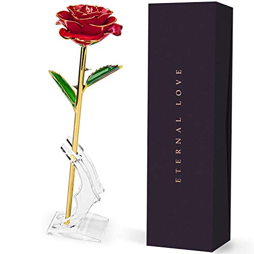 Gifts for Her, Artificial 24K Red Rose Flower for Women's Gifts, Long Stem with Transparent Stand, Unique Gift for Girlfriend, Wedding, Graduation, Anniversary, Birthday Festival Decoration