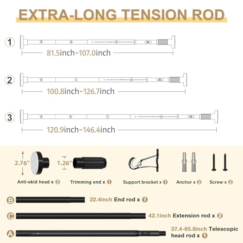Image of Black Tension Curtain Rod 41-146In(4-12Ft), Extra Long Outdoor Curtain Rod No Drilling for Window or Bathroom Patio, Adjustable Heavy Duty Shower Rod,Rod Diameter 1.26In-One-bond stretching
