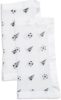 lulujo Baby Security Lovey Blankets| Unisex Softest Breathable Cotton Muslin Security Blanket with Silky Satin Trim| Neutral Comforting Blanket for Girls & Boys | 16in by 16 in| Soccer