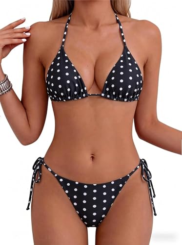 Image of Tainehs Women's Sexy Halter Thong Bikini Tie Two Sides Bottom Triangle Bikini Swimsuits