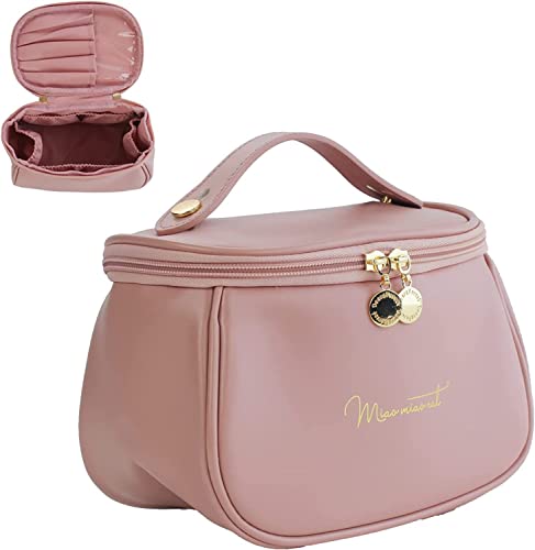 Image of Makeup Storage Bag, Portable Cosmetic, PU Leather Multifunctional Vanity Bag for Makeup,Cosmetic Brush Case, Cosmetic Travel Bag for Women Organization Bag with Handle(Light Pink)