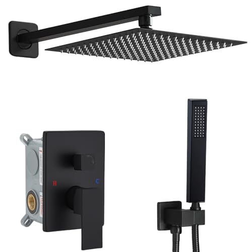 Image of Shower Faucet Set Complete, Wall Mount Shower System for Bathroom 12 Inch High-Pressure Rainfall Shower with Handheld, Rough-in Valve Body and Trim Kit, Matte Black
