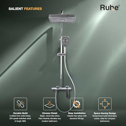 Image of Ruhe Rain Smart Shower Panel Set, Triple Flow Functions, Wall-Mount Chrome Finish | Adjustable Height Shower Panel | Includes Overhead Shower, Triple Flow Hand Shower with Installation Accessories