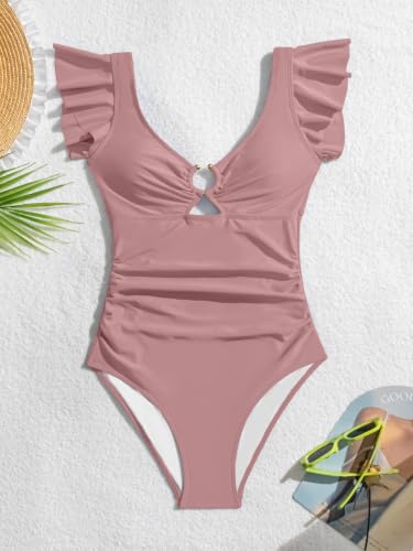 Image of Eomenie Womens Ruffled One Piece Swimsuit Slimming Tummy Control Bathing Suit V-Neck Cutout Swimwear for Resort Wear