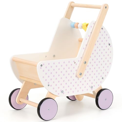 Pillowhale Wooden Baby Walker & Doll Stroller – Adjustable Handle Push Cart, Anti‑Tip, Quiet Wheels, Pretend Shopping Cart – Montessori...