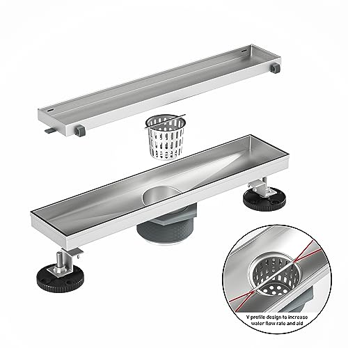 Image of Linear Shower Drain 16 inch Brushed 304 Stainless Steel | Fast Drainage | Tile Inserted | Stainless Floor Drain Grate | Hair Strainer | Drain Key | The Upgrade for Your Bathroom