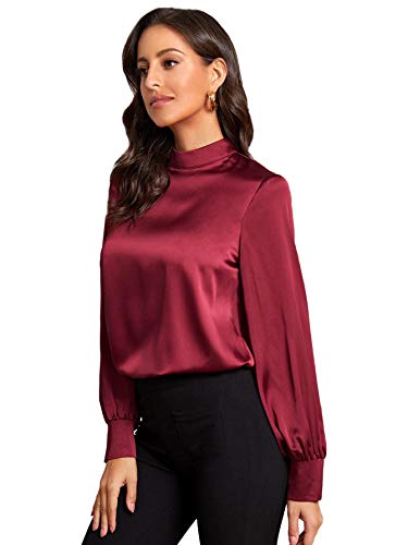 Verdusa Women's Elegant Mock Neck Long Sleeve Satin Blouse Top Burgundy S