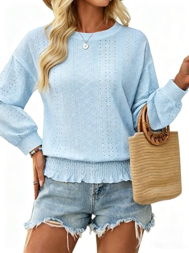 Image of Women's Summer Short Sleeve Eyelet Tops Daily Casual Crewneck T Shirts Elastic Waist Smocked Blouses