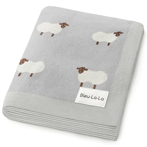 Image of Bleu La La Knit Baby Swaddle Blanket - 100% Cotton Soft Cozy Lightweight Unisex Receiving Swaddling Stroller Quilt Blanket for Shower Gift Registry for Newborns Infants & Toddlers (Sheep - Grey)