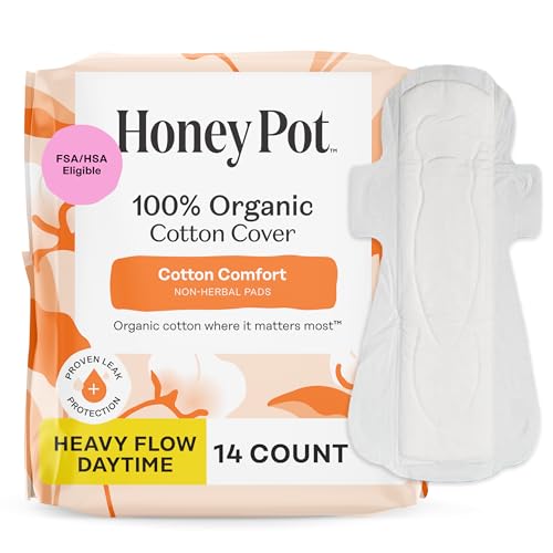 Image of The Honey Pot Company - Sanitary Pads for Women - Non-Herbal Heavy Flow Daytime w /Wings - Organic Cotton Cover & Ultra-Absorbent Core - Feminine Care - 14 ct