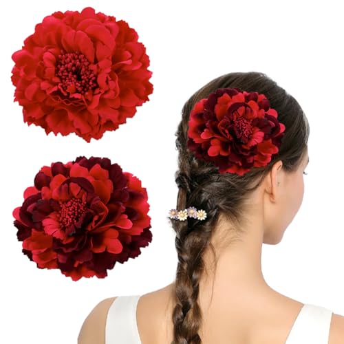 GGUFAY Lot de 2 épingles à cheveux en forme de pivoine rouge, fleur artificielle, style flamenco, pour coiffure de mariée, pour femme