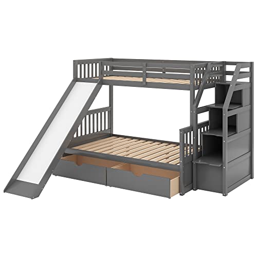 Harper & Bright Designs Wood Bunk Bed Twin Over Full with Slide and Storage Stiars for Saving Space, Multifunction Bunk Beds Frame for 2, No Box Spring Needed, Gray - Thumbnail 6