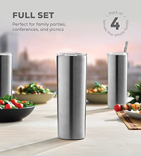 Insulated Skinny Stainless Steel Tumbler Set - 4-Pack 20Oz Coffee Tumbler With Straw - Travel Coffee Mug With Pba Free Lids - Slim Vacuum Insulated Tumblers Keep Hot And Cold - Great For Home, Office. #TOP3