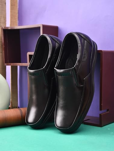 Image of Genuine Leather Formal Slip-On Shoes for Men, Black, Elastic Closure, Stylish Office Shoes