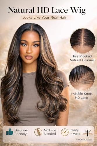 Image of Sunber Ombre Brown Balayage Highlights 13x4 Pre-Everything Lace Frontal Yaki Straight Human Hair Drawstring Wig Put On and Go Pre Cut HD Lace Pre Plucked Invisible Knots Yaki Glueless Wigs 22Inch