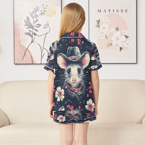 Satin Pajama Sets Short Sleeve Opossum Cowboy Floral Pattern Button Down Silky Nightwear 2 Piece PJS 5-14Y4