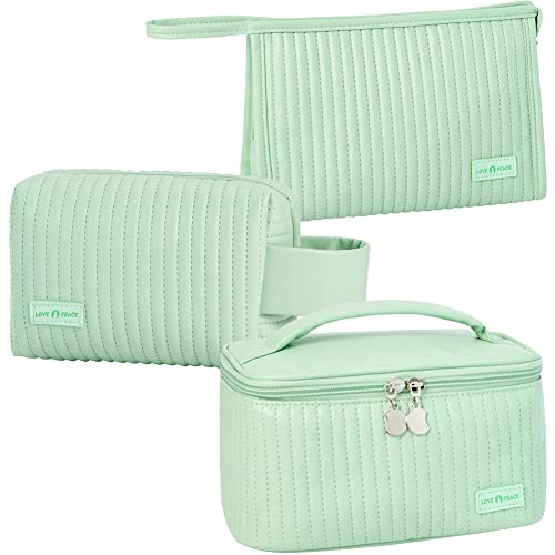 Linpr Neceser Maquillaje de 3 Piezas para Mujer, Neceser Viaje Grande para Niña, Bolsa Maquillaje Organizador de Cuero Sintético a Rayas, Linda Bolsa de Aseo para Mujeres y Niñas (Verde)