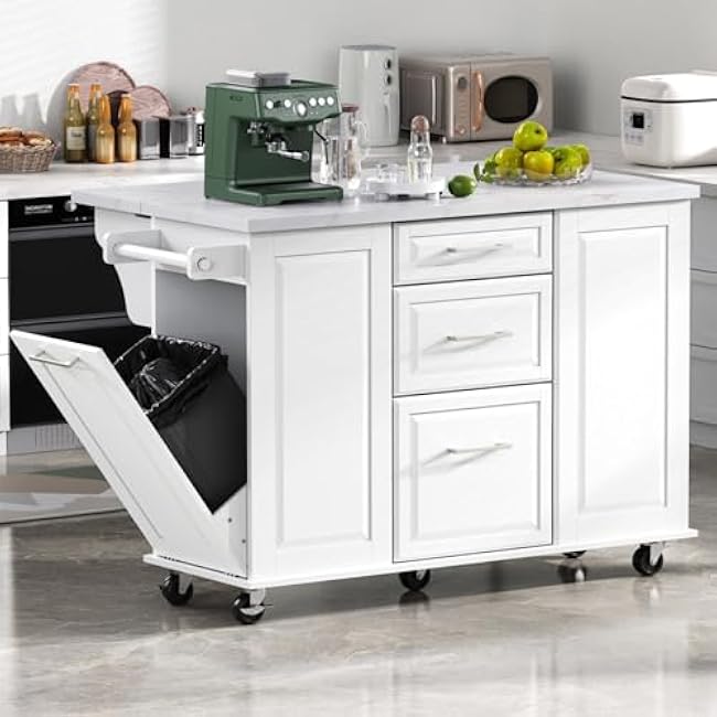 Kitchen Island with Tilt Trash Can Compartment Pull Out Double Tier Organizer Drop Leaf Design 2 Drawers 1 Cupboard Rolling Cart on 5 Wheels Lockable Brakes CARB Certified MDF Construction (White)-Dsn7U8Yd
