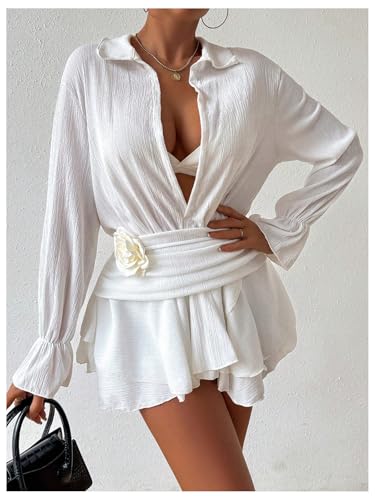 GORGLITTER Women's 3D Floral Beach Cover Up Dress Ruched Flounce Long Sleeve Swimsuit Bathing Suit Coverup4