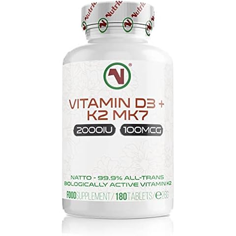 Nutriodol Vitamin D3 2000 IU + K2 100mcg Tablets | Natural D3 +K2 Tablets | Quality Vitamin D3 with Natto 99.9% All-Trans Vitamin K2 MK7 | Suitable for Vegetarian - Easy to Swallow Tablets (180) Cover
