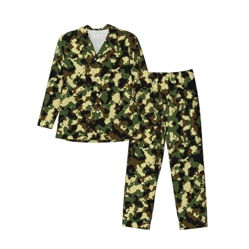 Mens Camouflage Army Pajama Set,Long Sleeve Pajamas & Long Pants with Pockets, Button-up Sleepwear Lounge Pjs