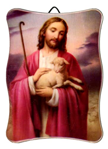 KUSTOM ART Cuadro con imagen religiosa de Jesús con cordero impreso en cerámica, 11 x 8 cm