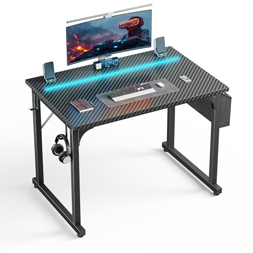 Image of DurayLoly 32 inch Gaming Desk with Waterproof LED Lights, Carbon Fiber Desktop for Small Spaces | Home Office Study Computer Desk with Storage Bag & Headphone Hook, Black