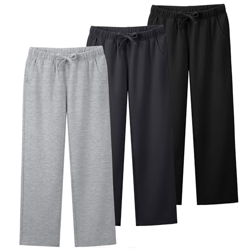 3 Pack Boys Sweatpants Straight Leg Athletic Open Bottom Joggers Workout Elastic Drawstring Kid Pants with Pockets2
