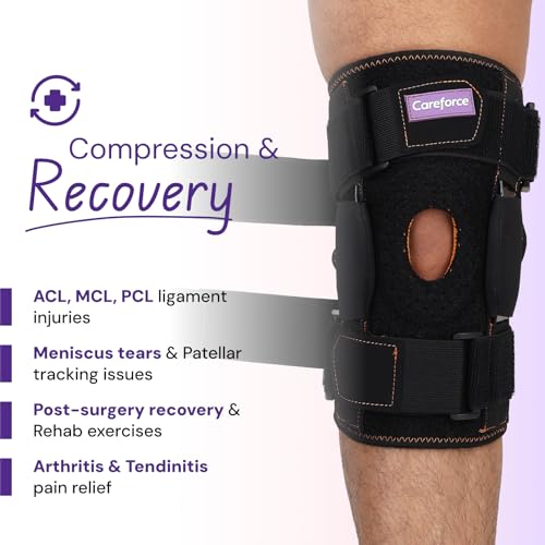 Image of Careforce Hinged Knee Brace with Silicone Ring Support for Adjustable Orthopedic Brace for Ligament Tear, Stability, Patella Support for Women Hinged Belt (Small-Medium)