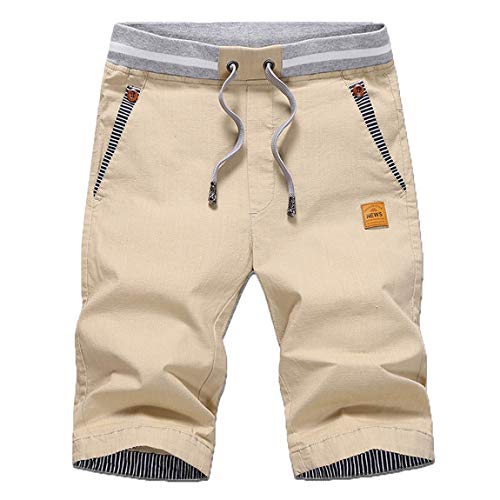 ZOXOZ Mens Shorts Summer Casual Shorts Cotton with Pockets Elastic Waist Drawstring Khaki M