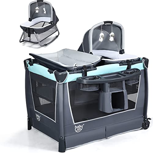 COSTWAY 4 en 1 Lit Parapluie pour Bébé en Tissu Oxford avec Table à Langer,Panier,Jouets et Centre Musical et Sac de Transport pour Bébé 0-36 Mois Vert 103cm x 72,5cm x 73,5cm (Vert)