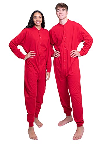 Cotton Onesie Footless Union Suit Drop Seat Pajama for Men and Women (Red, M)