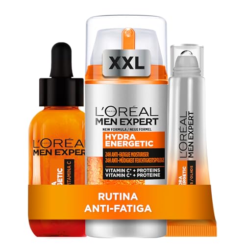 Rutina L'Oréal Men Expert Crema Hidratante Anti-Fatiga 24h Hydra Energetic Crema Facial 100 ml + Serum Vitamina C Anti-fatiga 30 ml + Contorno de ojos roll-on 10 ml