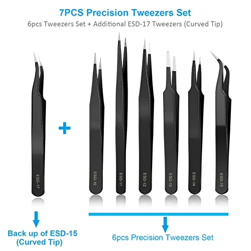 Yhyz 7Pcs Precision Tweezers Set, Premium Anti-Static Stainless Steel Esd Tweezers Set Kit For Electronics, Sodlering，Jewelry, Craft, Laboratory Work, Diy(7Pcs, Version) #TOP2