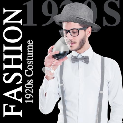 Miniatura 4 de Elecland 10 Piezas 1920s Hombres Traje Accesorios Set Roaring Retro Gangster Disfraz, Sombrero, Pajarita, Reloj De Bolsillo, Tirantes, Gafas, Barba, Brazalete Ligas, Reloj De Bolsillo