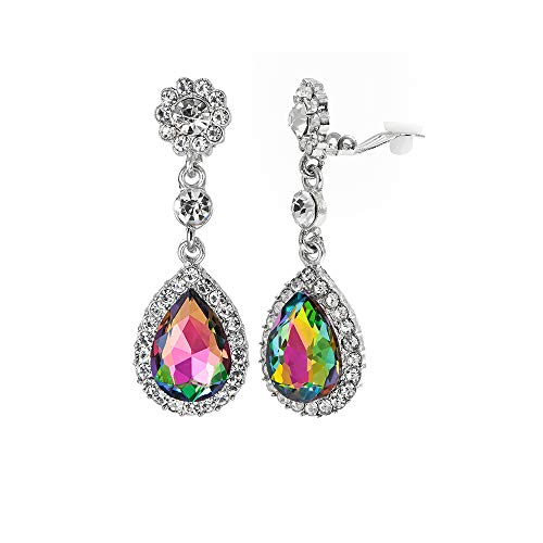 Gorgeous Austrian Crystal Wedding Bridal Teardrop Clip On Dangle Earrings (Multi Color)
