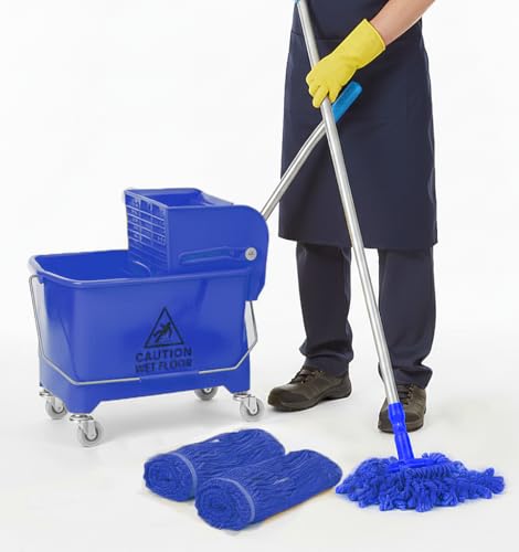 Curvaso Kentucky Mop Bucket Set 20L Heavy Duty Floor Cleaning with Wringer System, Pole & 2 Mop Heads Commercial Grade Home, School, Office & Shops, Blue Mop Bucket Set
