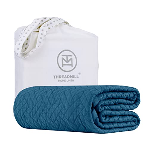 Threadmill Luxury Cotton Blankets for Twin Size Bed | All-Season 100% Cotton Twin Blanket for Bed | Criss Cross Jacquard Lightweight, Soft & Cozy Coverlet, 350GSM, 68x90 inches | Folkstone Blue