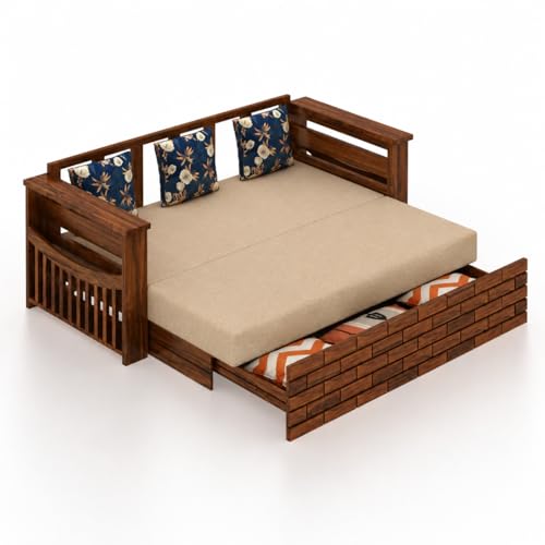 Image of Ganpati Arts Solid Sheesham Wood 3 Seater Italian Sofa Cum Bed with Side Pocket for Living Room Bedroom Wooden Bedroom Furniture for Home 1 Year Warranty (Natural Finish)