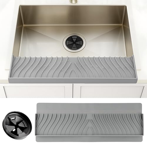 Silicone Sink Edge Protector and Splash Guard with Matching Drain Strainer 24 Inch Countertop Chip Guard for Kitchen and Bathroom 62 Suction Cups Heat Resistant to 446F Gray